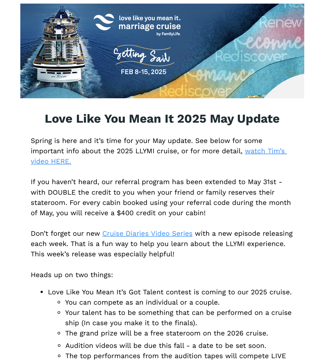 LLYMI 2025 Newsletter Archives | Love Like You Mean It Marriage Cruise